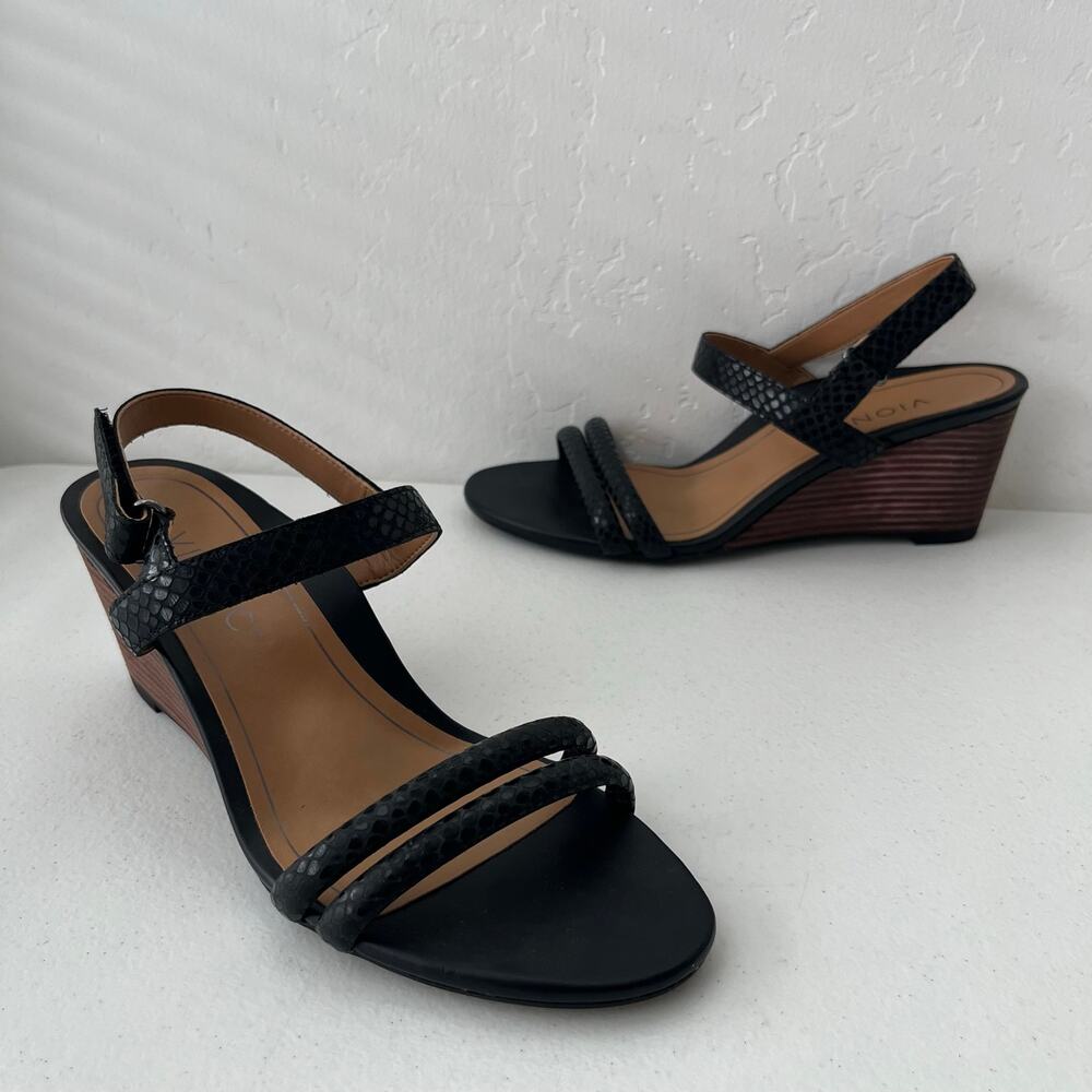 Vionic Emmy Lizard Embossed Wedge Sandals Leather Slingback Black Size 6.5